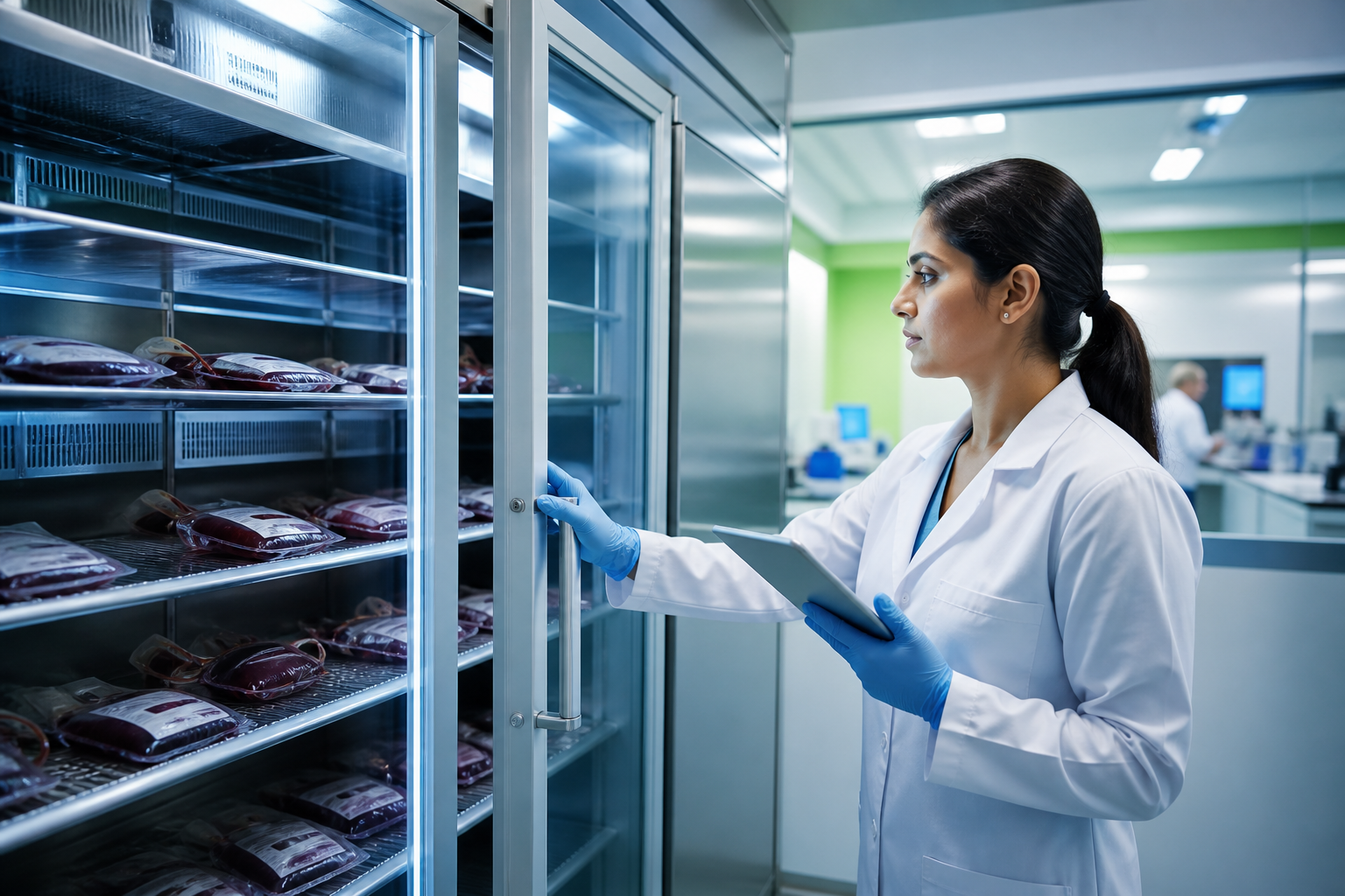 Profesional revisando una cámara de conservación en un banco de sangre