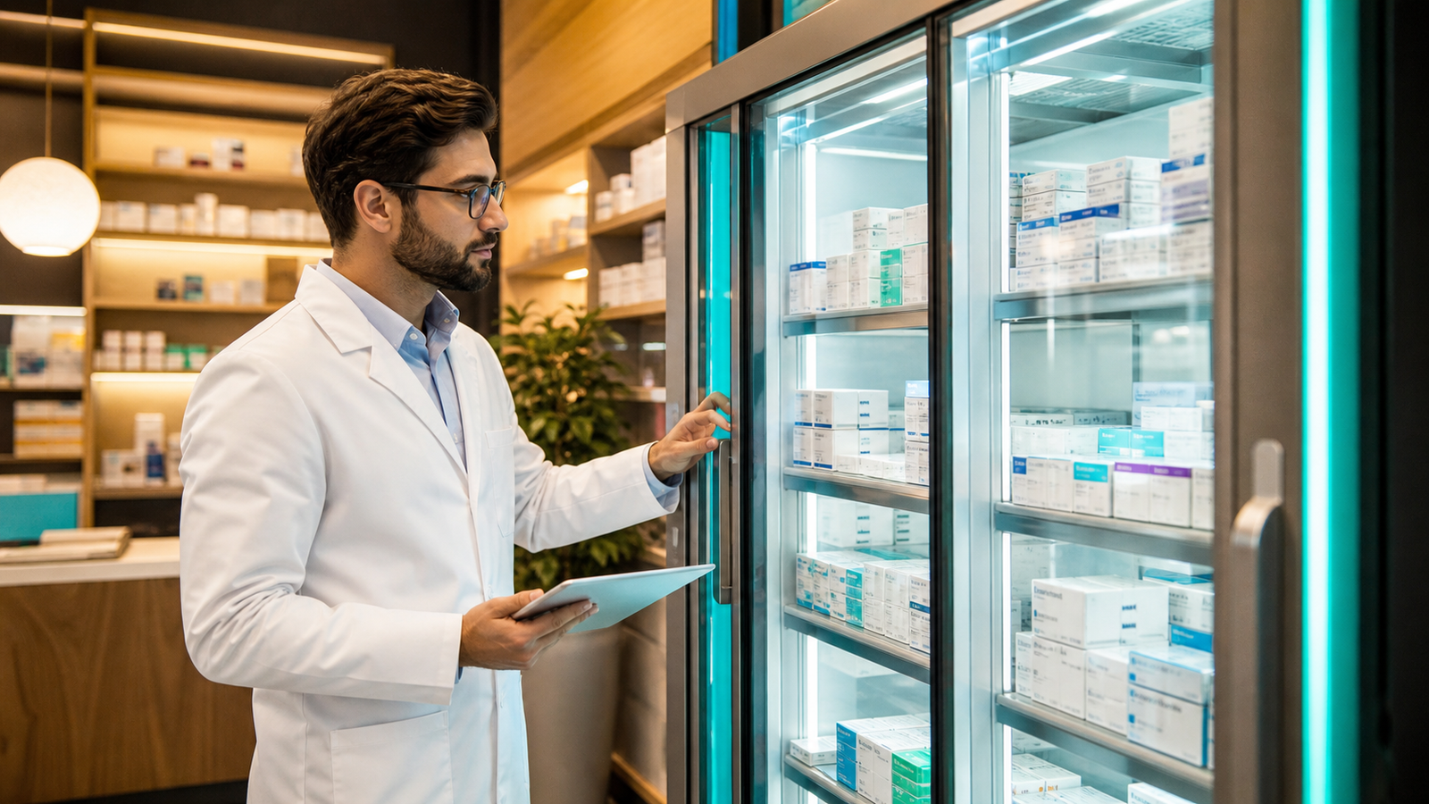 Farmacéutico controlando medicación oncológica refrigerada